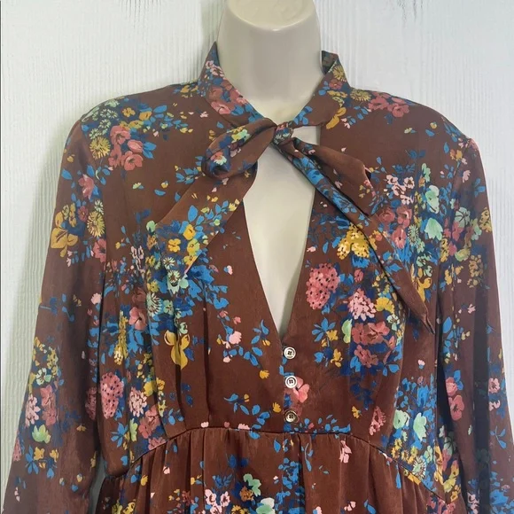 Zara - Colorful Floral Neck Tie Long Sleeve Deep V Neck Midi Dress Size Large - Picture 5 of 12